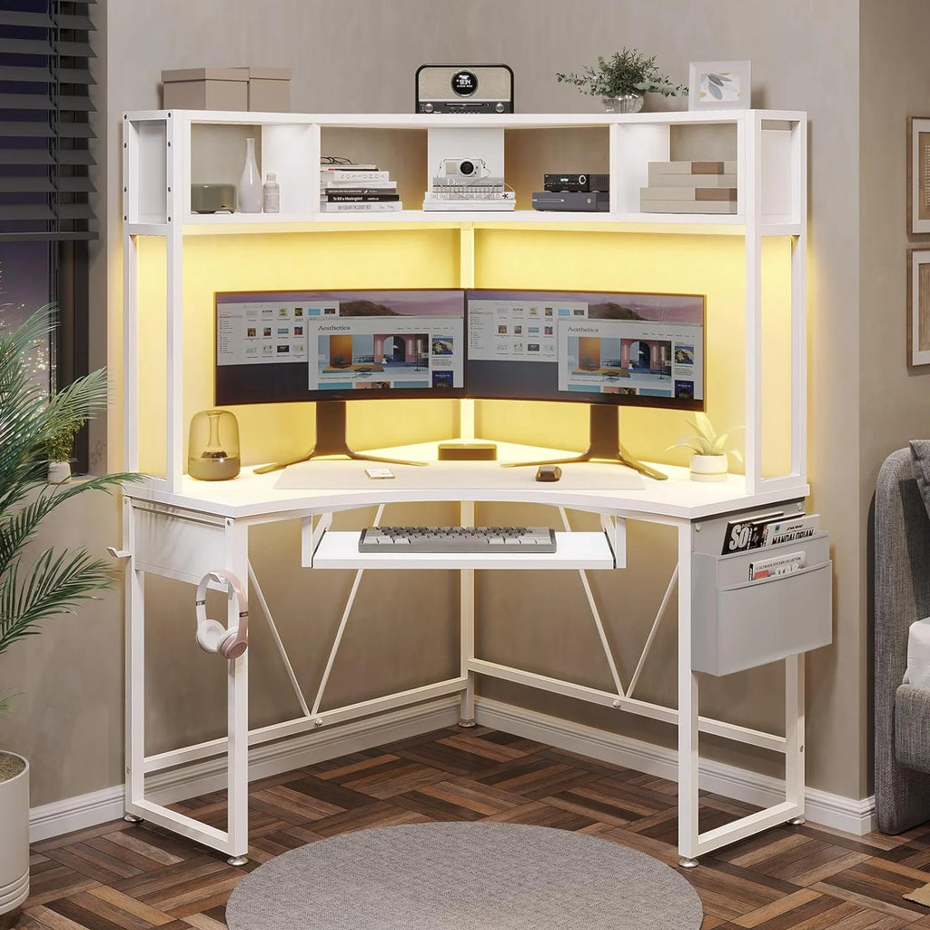 White Corner Computer Desk with Hutch Q110