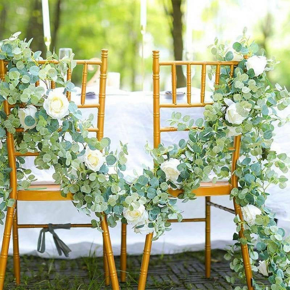 2PCS 1.8M Artificial Eucalyptus Garland with Champagne Roses T58369