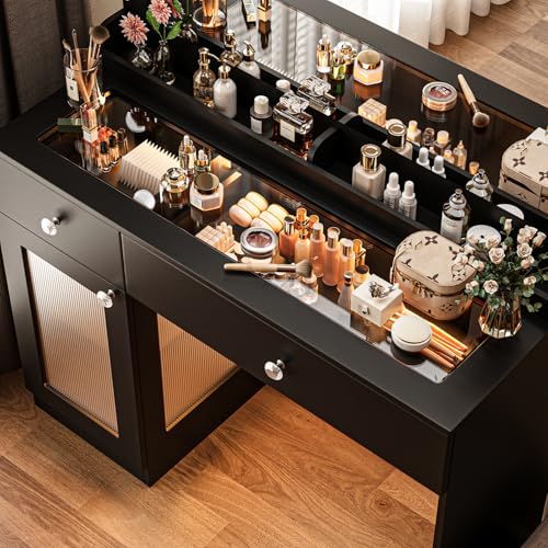 White 39.4'' Glass Top Makeup Vanity with Large Mirror and Lights U738177