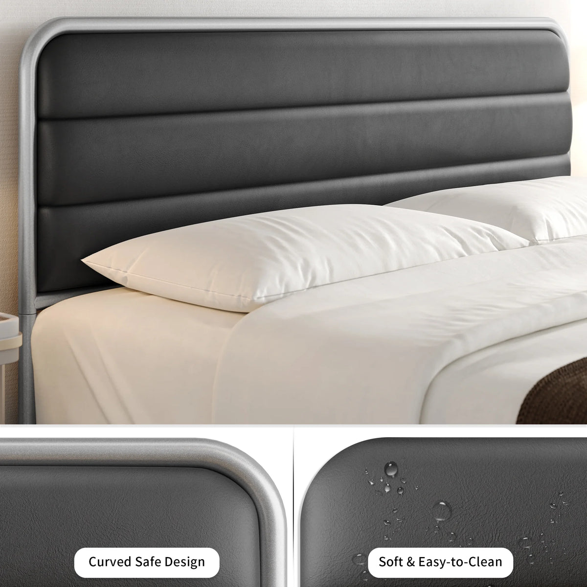 Full Bed Frame with PU Leather Upholstered Headboard T951241