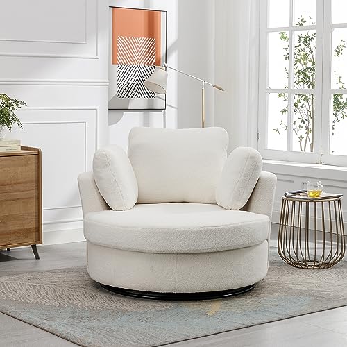 Ivory Sherpa Swivel Accent Barrel Chair with 3 Pillows W6858
