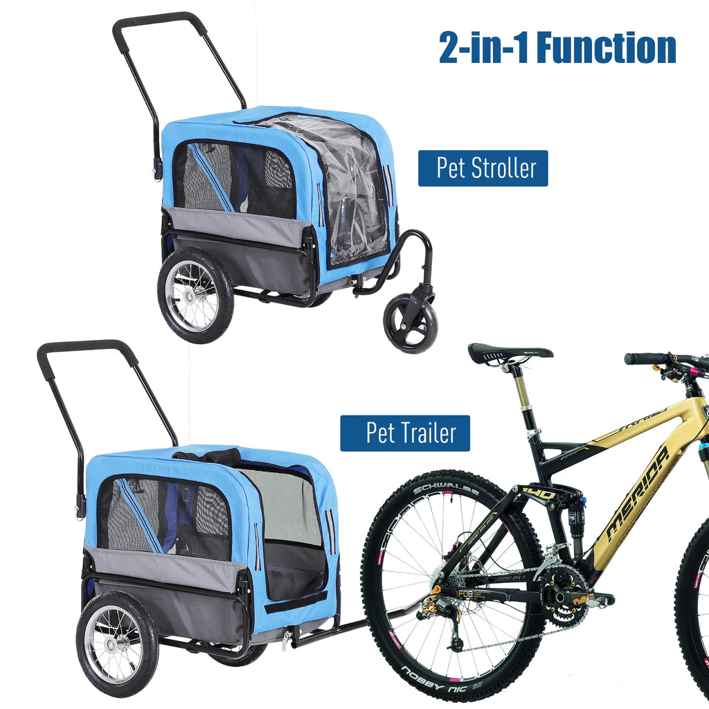2-In-1 Dog Bicycle Trailer Jogging Stroller with Swivel Wheels Blue J308
