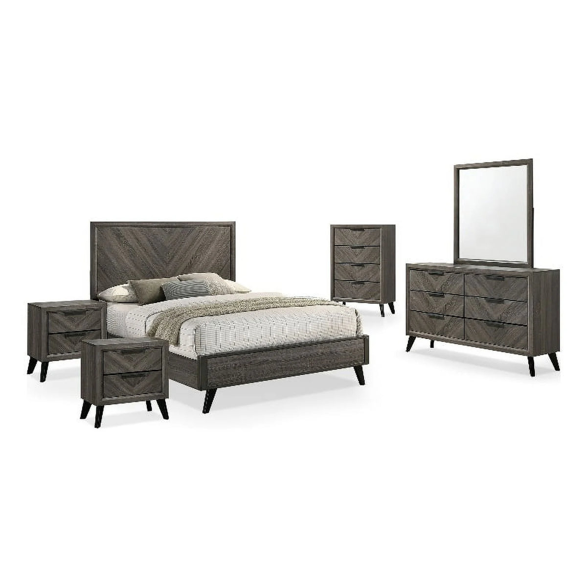 6pc Wood Gray Bedroom Set Queen E655