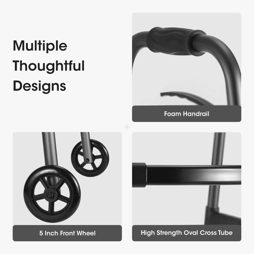 Folding Walker with Wheels, Adjustable Height, 300lbs Weight Capacity, Gunmetal Grey D23950