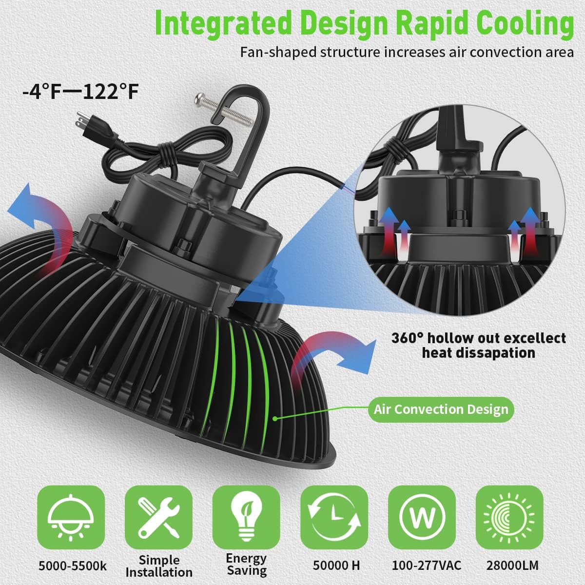 200W Dimmable LED High Bay Light, 28000LM, 100-277V, 5000-5500K, IP65 Waterproof K45507