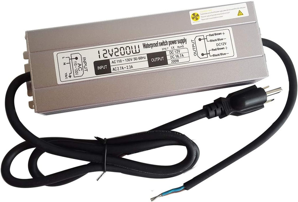 200W Waterproof Power Supply Transformer, 110-130V AC to 12V DC Output 16.7A Adapter with 3 Feet Cable N4881