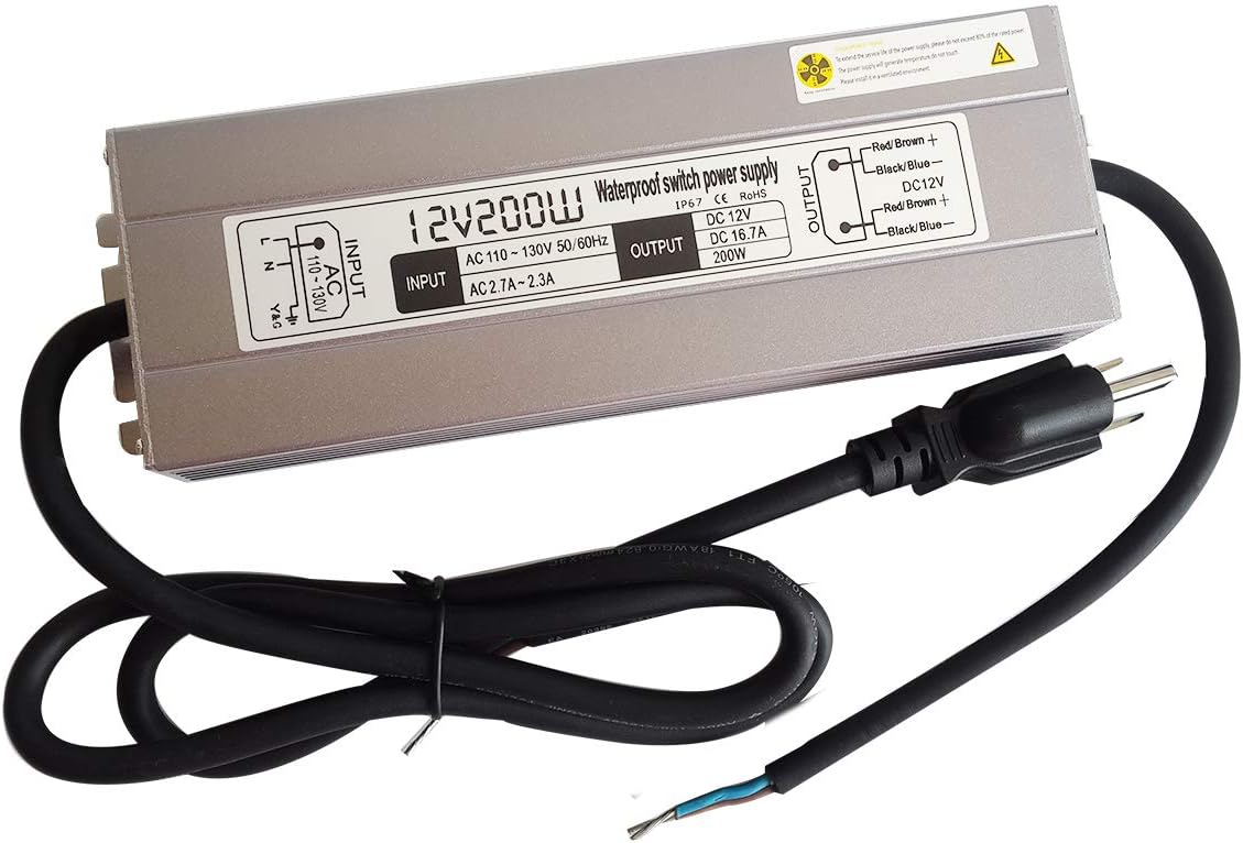 200W Waterproof Power Supply Transformer, 110-130V AC to 12V DC Output 16.7A Adapter with 3 Feet Cable N4881