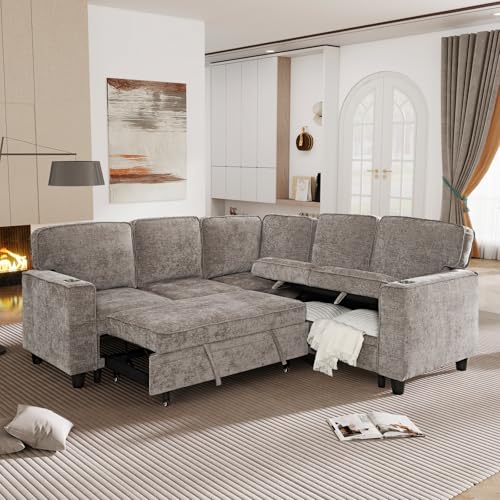 86 INCH L Shaped Convertible Sleeper Sectional Sofa Pull-Out Couch Bed I795742