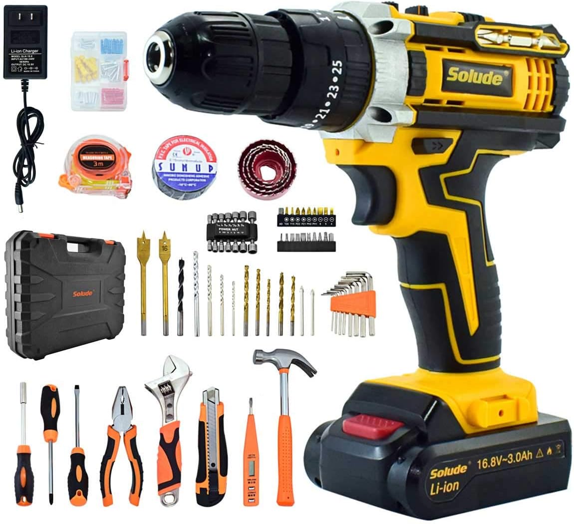 Cordless Drill Set, 16.8V Power Drill, 125Pcs Home Power Combo Tools Kit, 3/8 Inch Keyless Chuck, 2-Variable Speed, 25+1 Torque Setting, Built-in LED, Pack of 2 P7081
