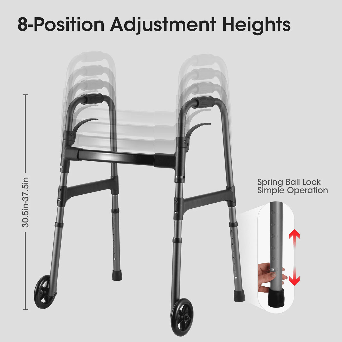 Folding Walker with Wheels, Adjustable Height, 300lbs Weight Capacity, Gunmetal Grey D23950