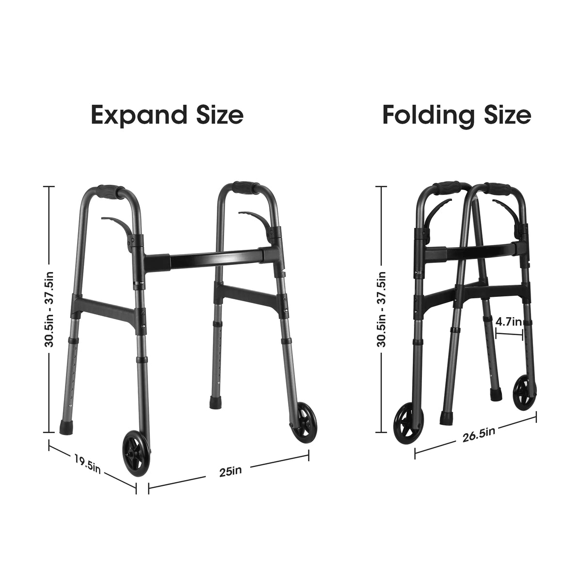 Folding Walker with Wheels, Adjustable Height, 300lbs Weight Capacity, Gunmetal Grey D23950