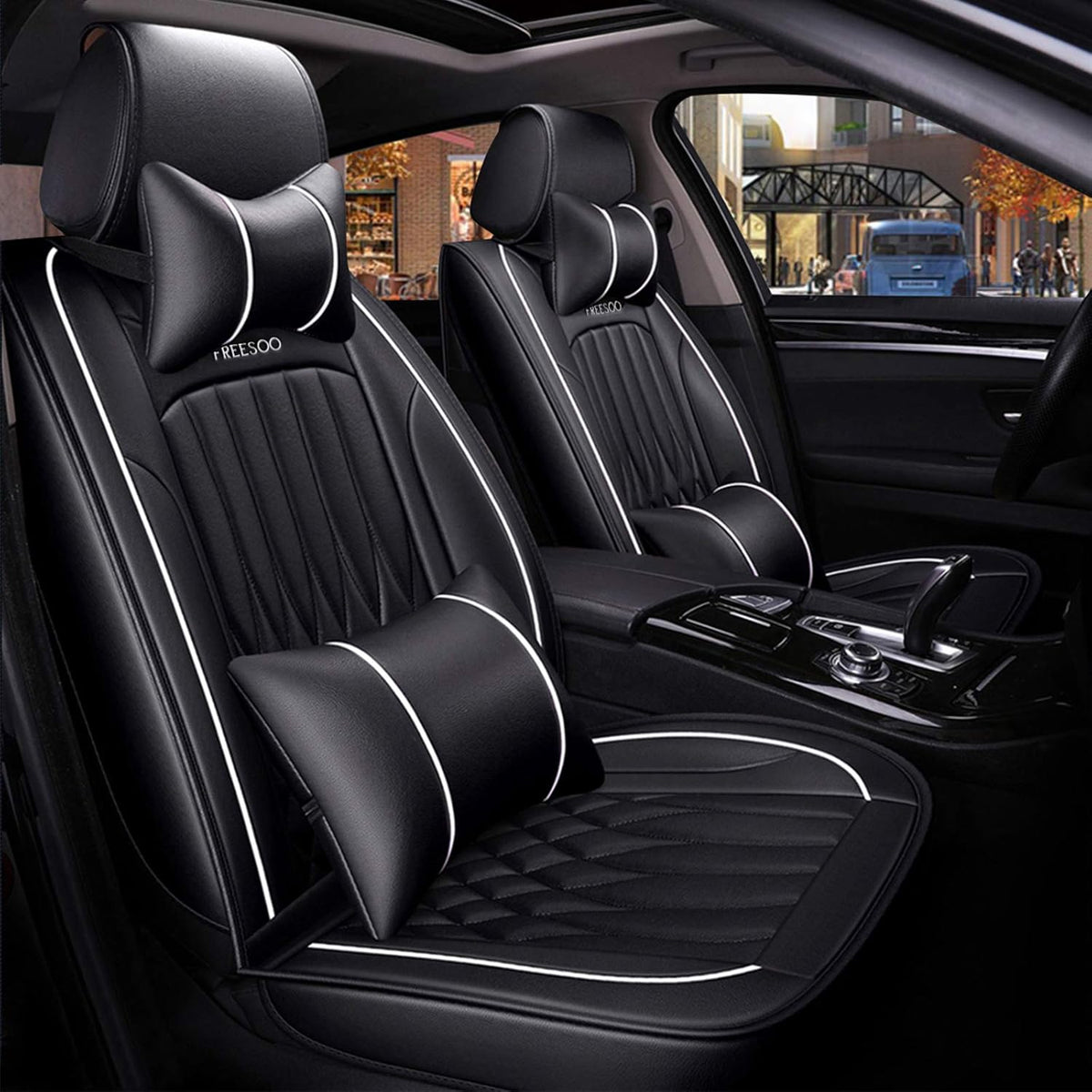 Khaki Black Leather Car Seat Cover Full Set Universal for 5 Seats O67624