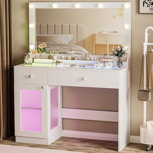White 39.4'' Glass Top Makeup Vanity with Large Mirror and Lights U738177
