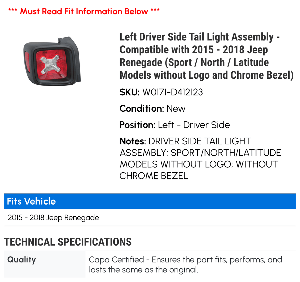 Left Driver Side Tail Light Assembly for Jeep Renegade Y666