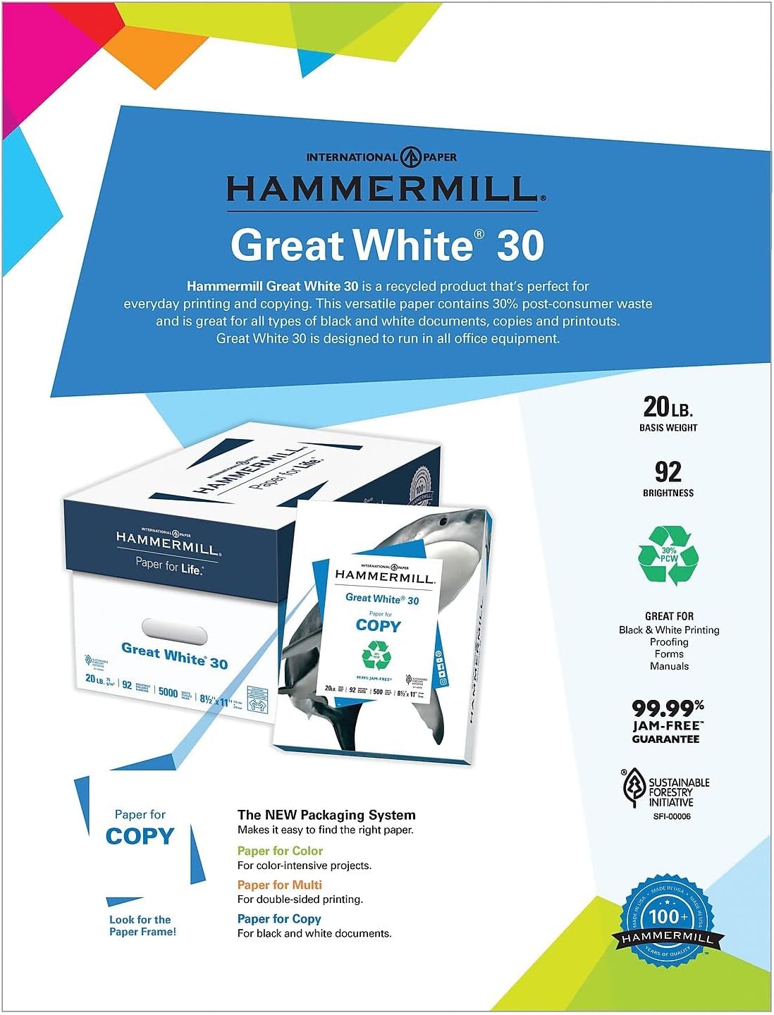 100 Recycled Copy Paper, 20Lb, 8-1/2 X 11, White, 5,000 Sheet N821871
