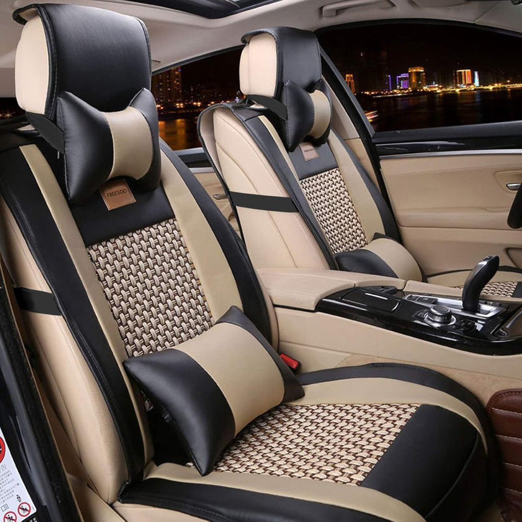 Khaki Black Leather Car Seat Cover Full Set Universal for 5 Seats O67624