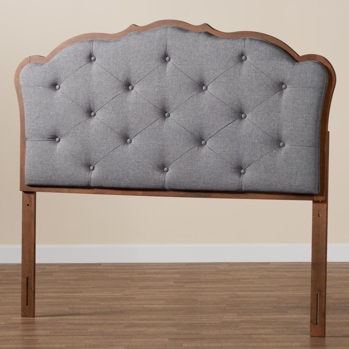 Grey Fabric and Walnut Brown Wood King Size Headboard X17701