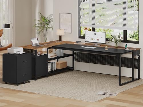 71" Reversible L Shaped Desk with File Cabinet & Power Outlets R746
