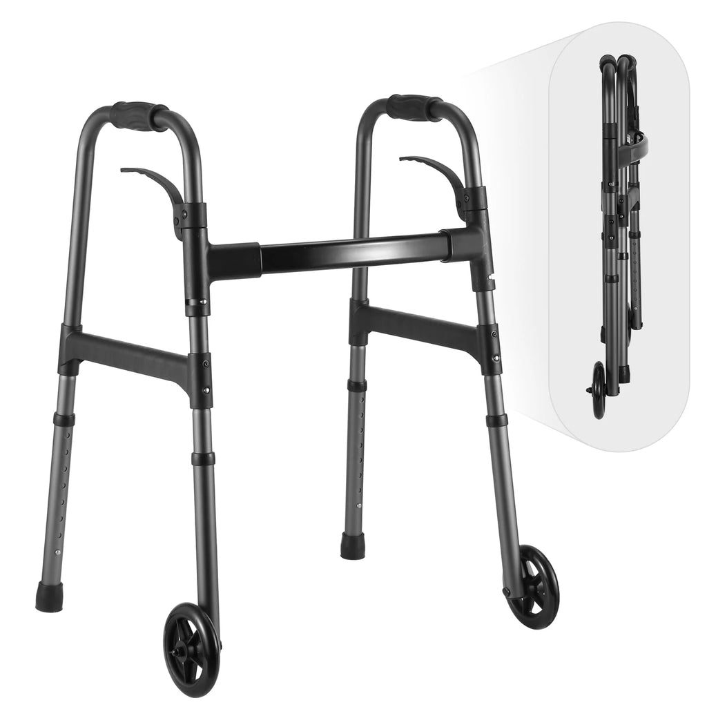 Folding Walker with Wheels, Adjustable Height, 300lbs Weight Capacity, Gunmetal Grey D23950
