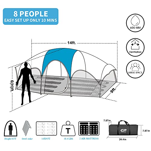 8 Person Weather Resistant Camping Tent with Carry Bag A37502