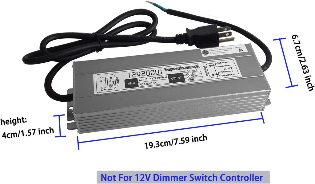 200W Waterproof Power Supply Transformer, 110-130V AC to 12V DC Output 16.7A Adapter with 3 Feet Cable N4881