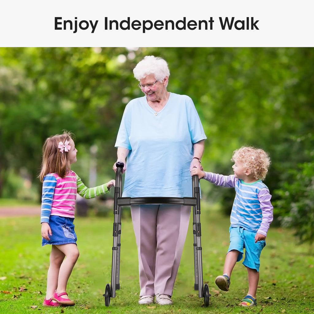 Folding Walker with Wheels, Adjustable Height, 300lbs Weight Capacity, Gunmetal Grey D23950