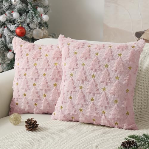 Dark Green Christmas Tree Pillow Covers 18 x 18 inch Set of 2 Plush Faux Fur B209948