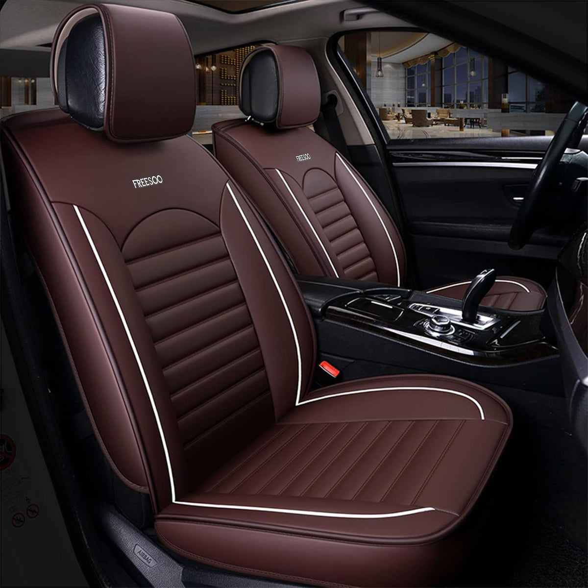 Khaki Black Leather Car Seat Cover Full Set Universal for 5 Seats O67624
