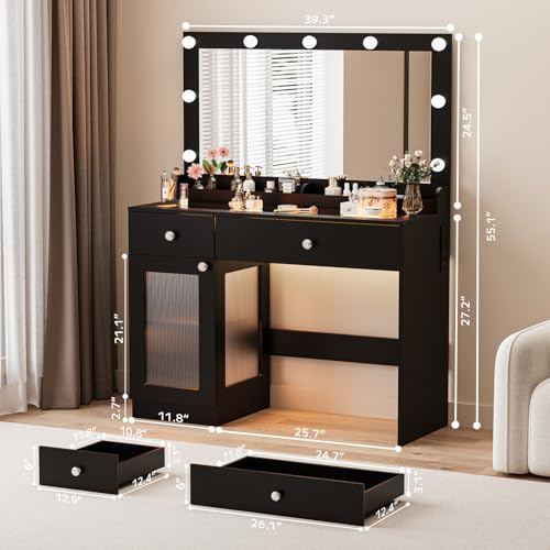White 39.4'' Glass Top Makeup Vanity with Large Mirror and Lights U738177