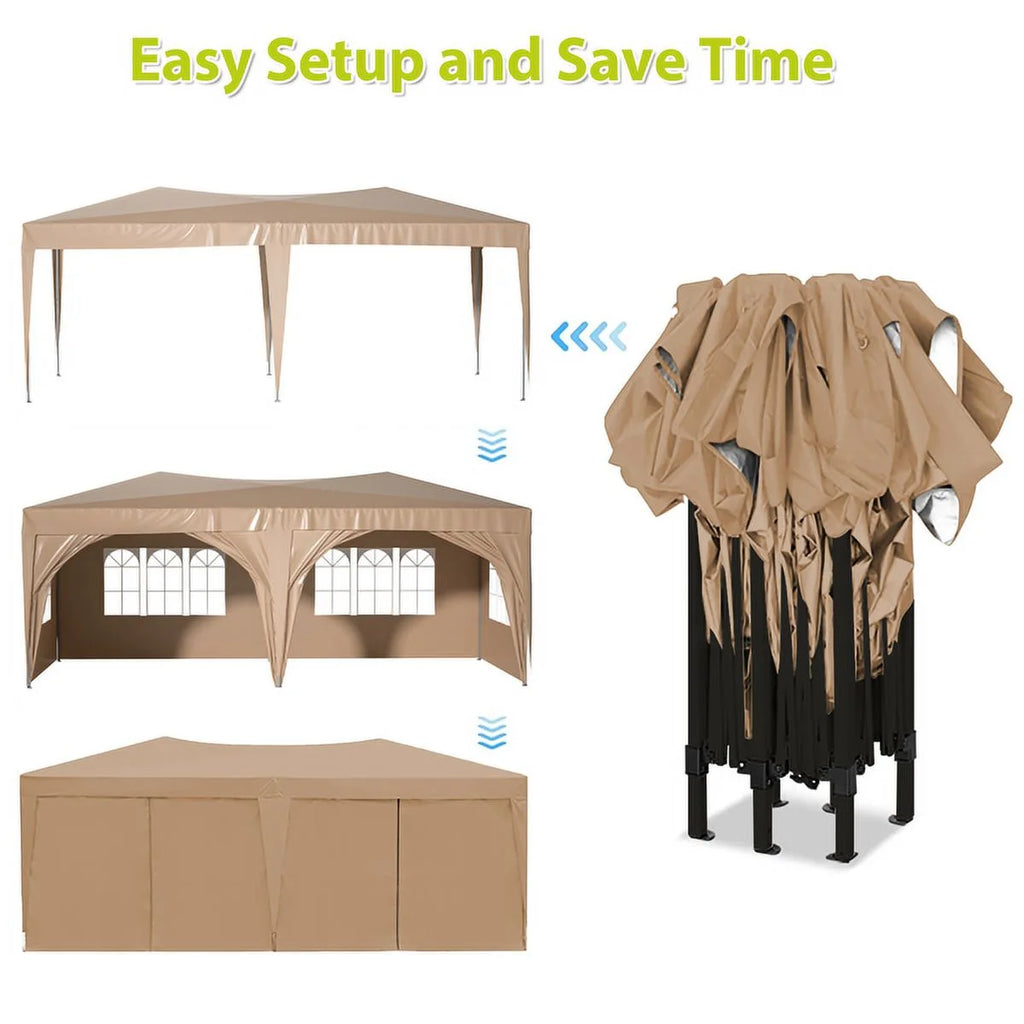 Beige 10 x 20 ft Pop Up Canopy Tent with 6 Removable Sidewalls & Carry Bag K593