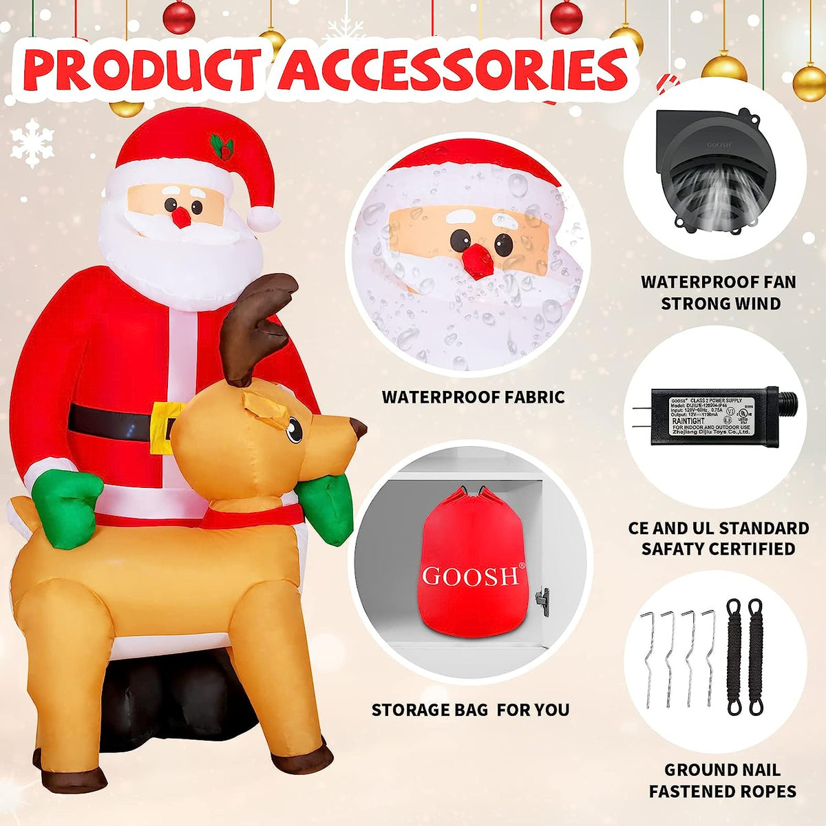 8FT Inflatable Christmas Santa Claus with Reindeer Decorations, Built-in LED Lights L337226