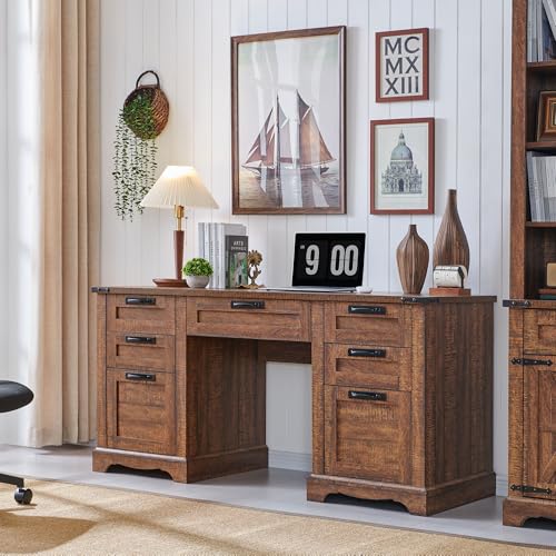 60" Farmhouse Desk with Drawers, Charging Station, Keyboard Tray, File Drawer, Storage Cabinet (Natural Oak) V289