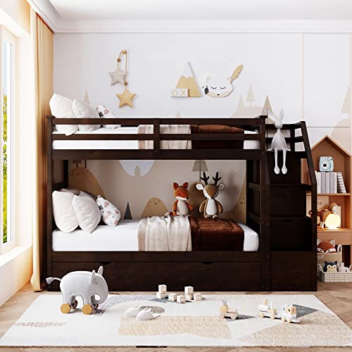 Twin-Over-Twin Wood Bunk Bed with Trundle and Storage Stairs (White) F2978