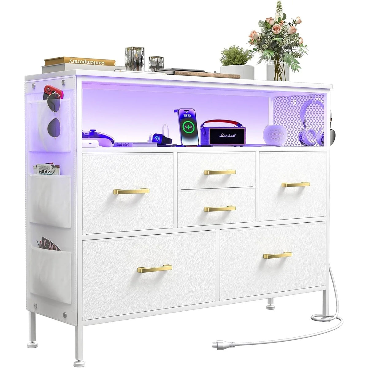 White 6 Drawers Dresser TV Stand with Power Outlets G7550