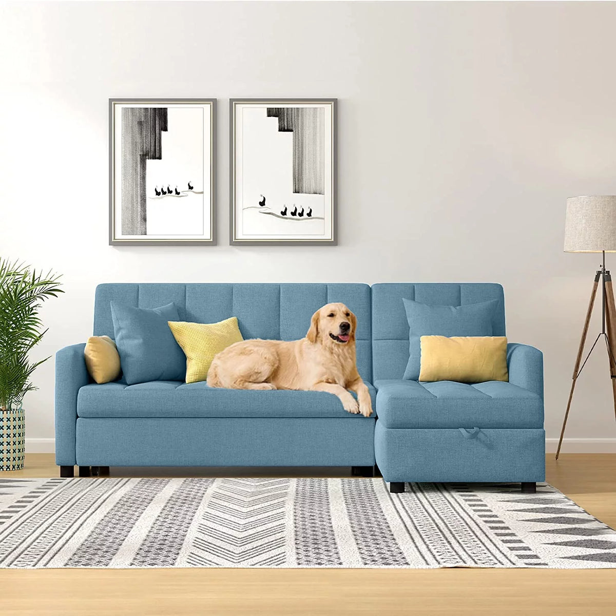 Reversible Sleeper Sectional Sofa with Storage Chaise Light Grey T9893