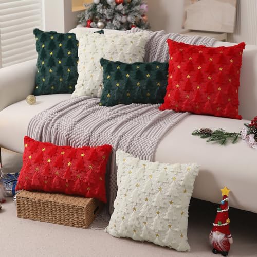 Dark Green Christmas Tree Pillow Covers 18 x 18 inch Set of 2 Plush Faux Fur B209948