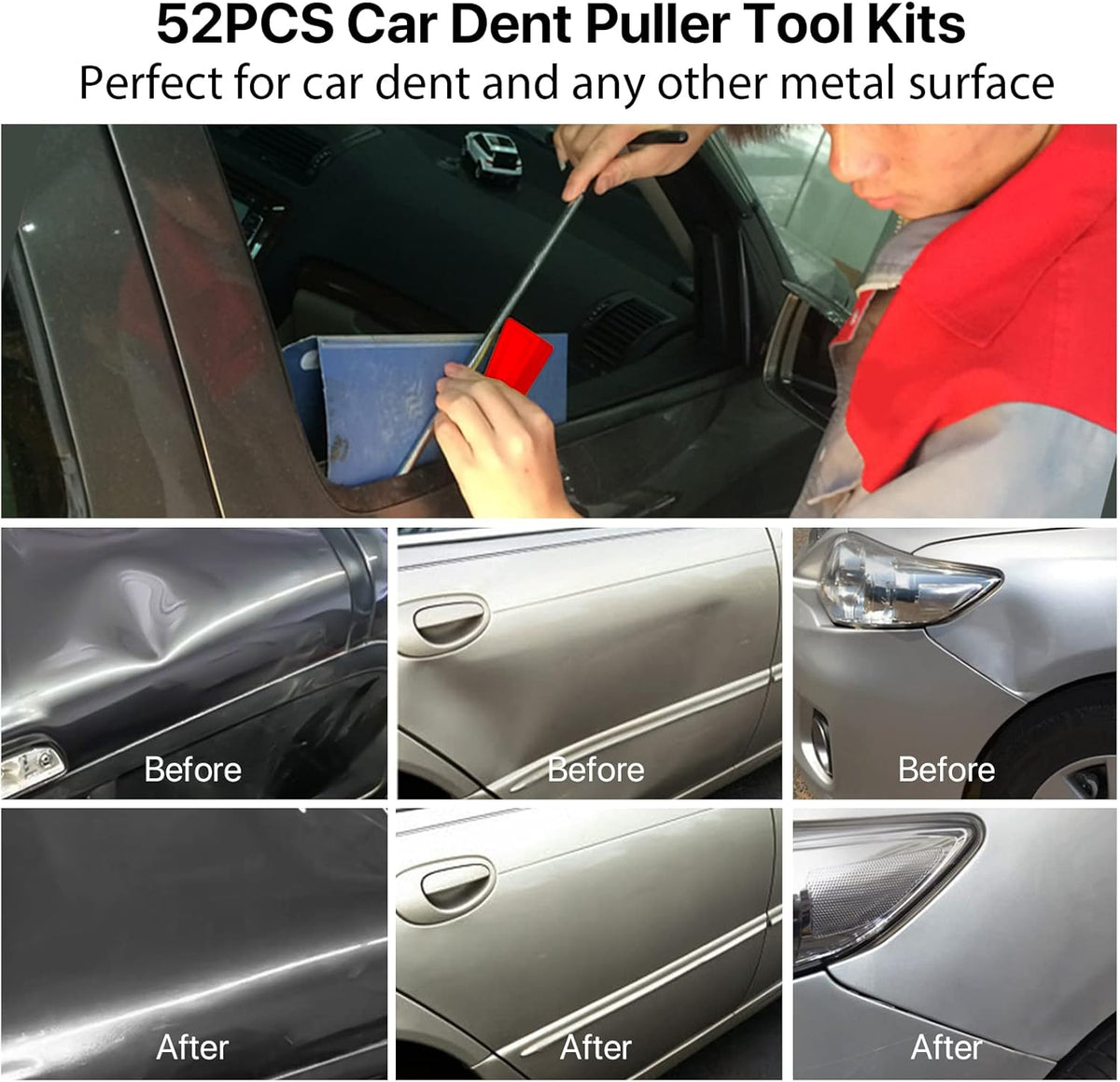 52pcs Paintless Dent Repair Kit with Repair Rods, Air Wedge Bag, Window Wedge, T-bar Dent Puller R8794