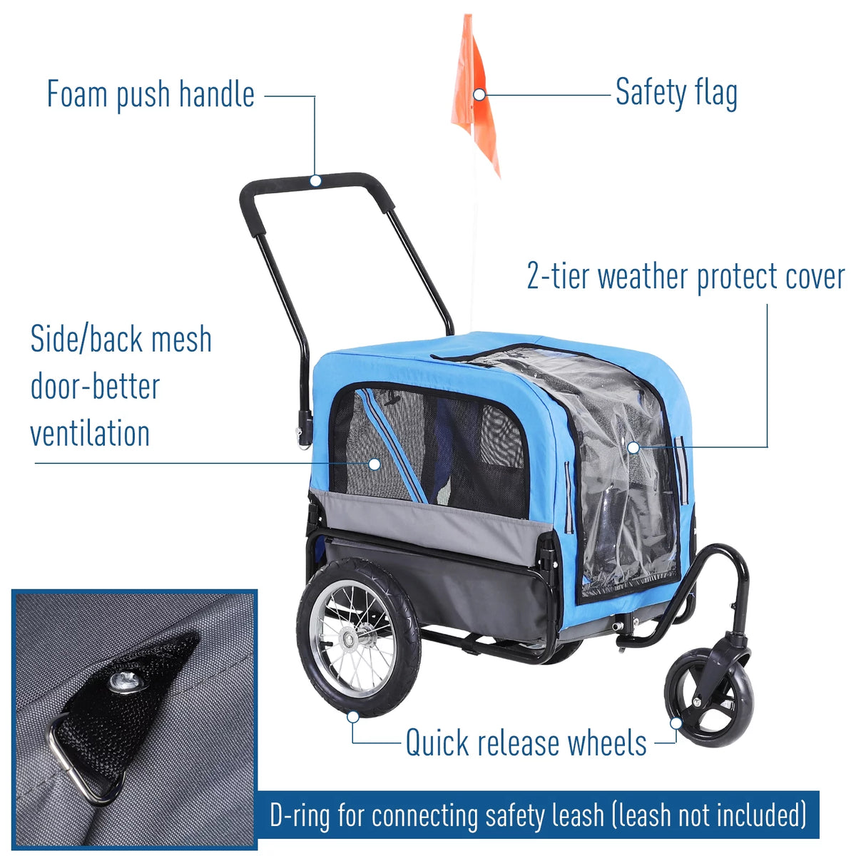 2-In-1 Dog Bicycle Trailer Jogging Stroller with Swivel Wheels Blue J308