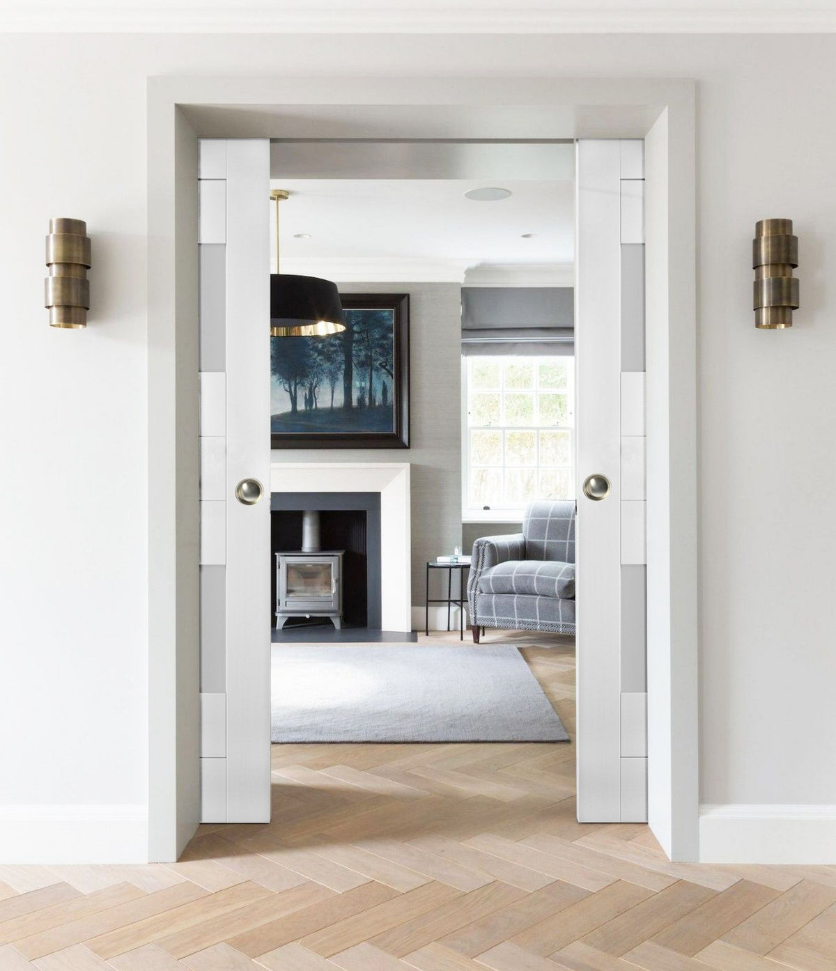 Sliding French Double Pocket Doors 36 x 96 inches Opaque Glass 2 Lites White Silk MDF Interior Doors F876746