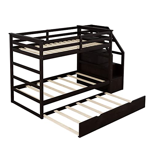 Twin-Over-Twin Wood Bunk Bed with Trundle and Storage Stairs (White) F2978