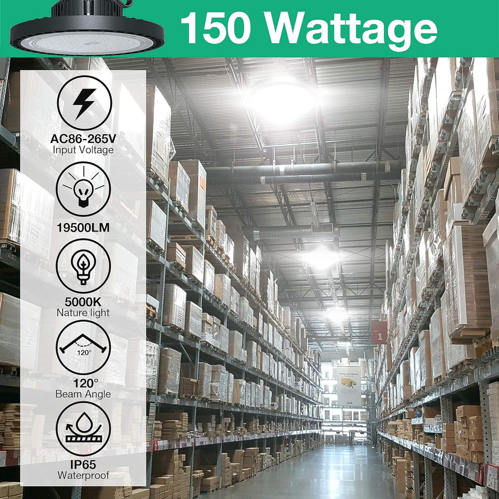 2 Pcs UFO LED High Bay Light, 150W, 21000 LM, 5000K Daylight, IP65 Waterproof, Non-Dim, 5ft Cable with US Plug H47598