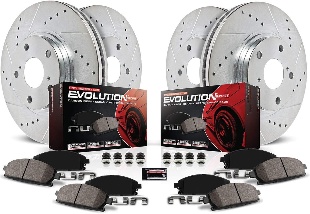 Front and Rear Carbon Fiber Brake Pads with Drilled & Slotted Brake Rotors Kit Y6420