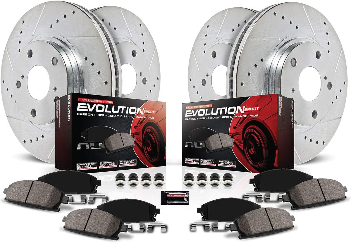 Front and Rear Carbon Fiber Brake Pads with Drilled & Slotted Brake Rotors Kit Y6420