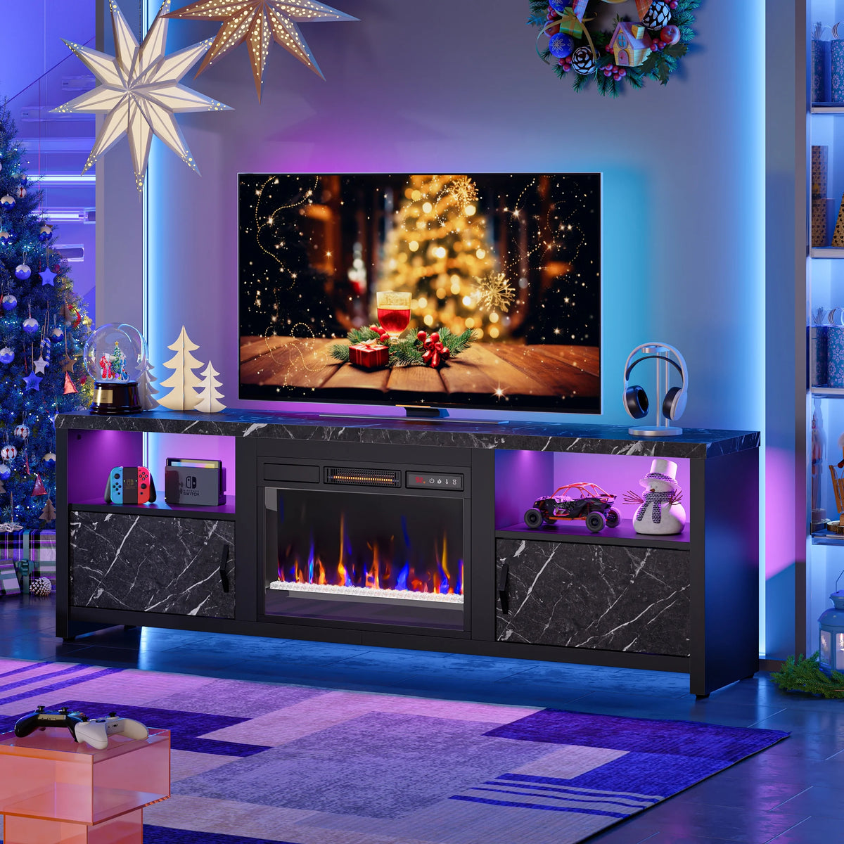 Black Marble Electric Fireplace TV Stand C960969