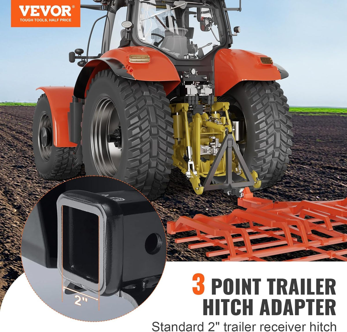 3 Point 2" Receiver Trailer Hitch Category 1 Tractor Tow Drawbar Adapter with Pins T181963