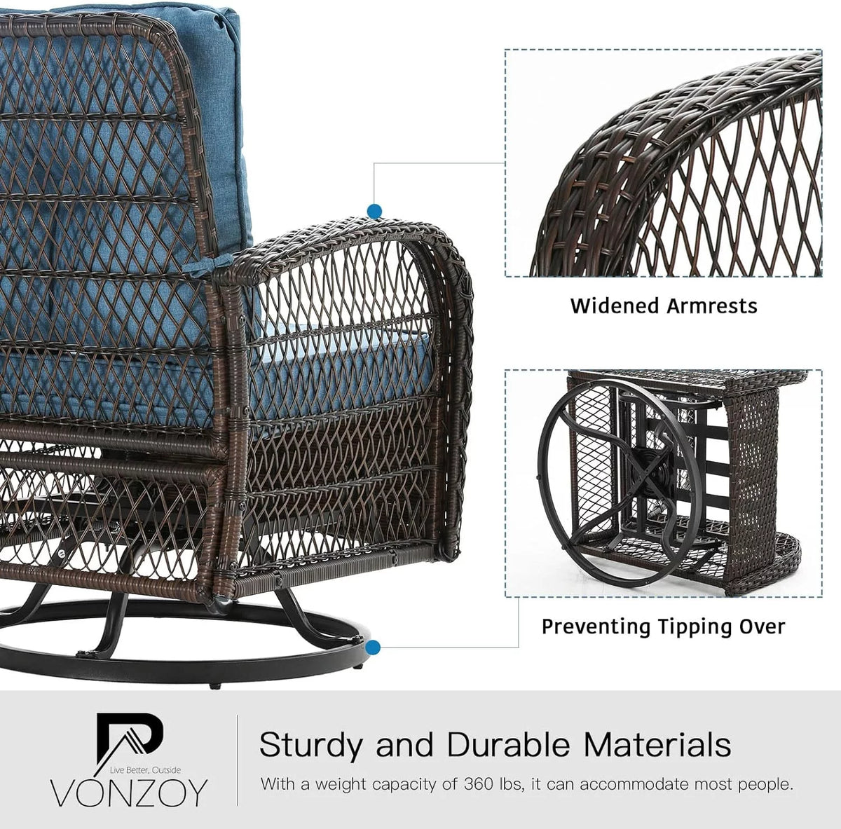 3 Pieces Wicker Patio Furniture Set with Glass Top Side Table K371
