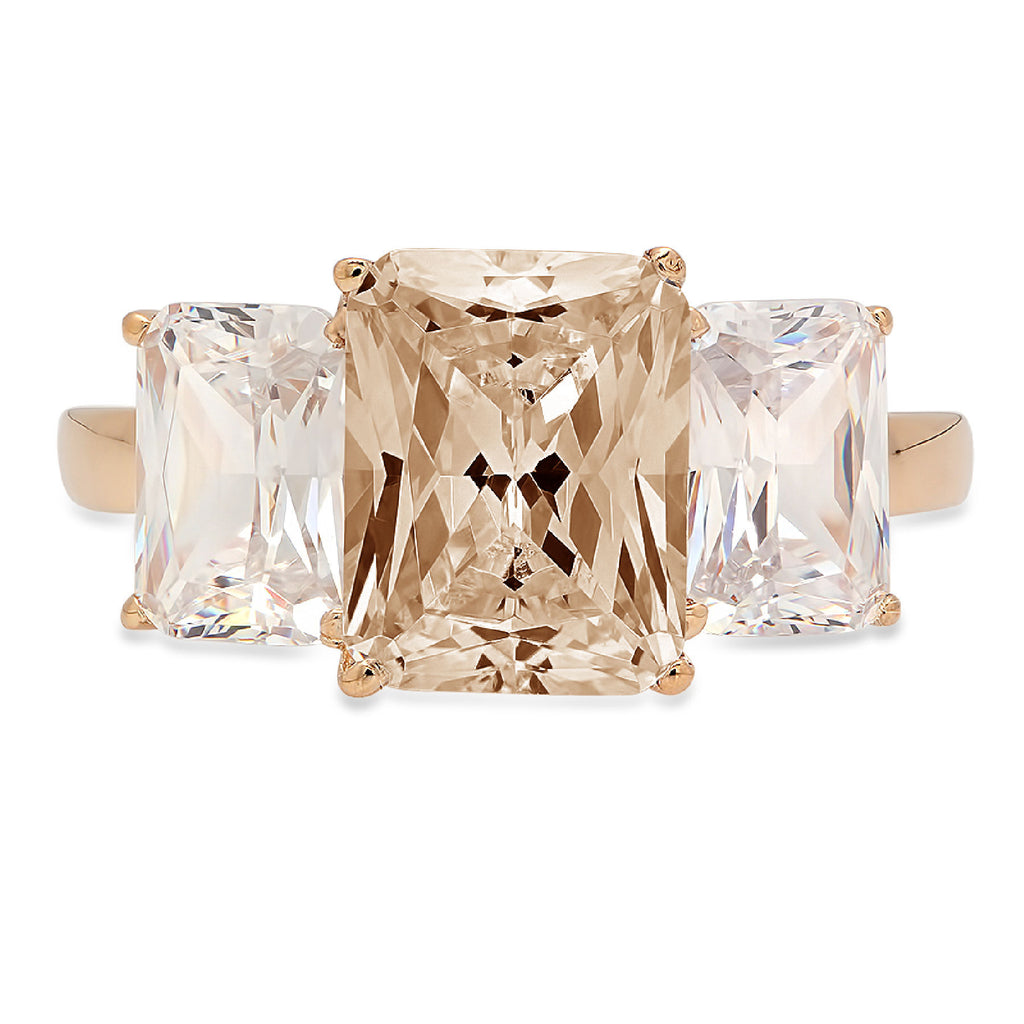 Emerald Cut Brown Champagne Simulated Diamond 18k Yellow Gold 3 Stone Ring Size 3.5 D35930