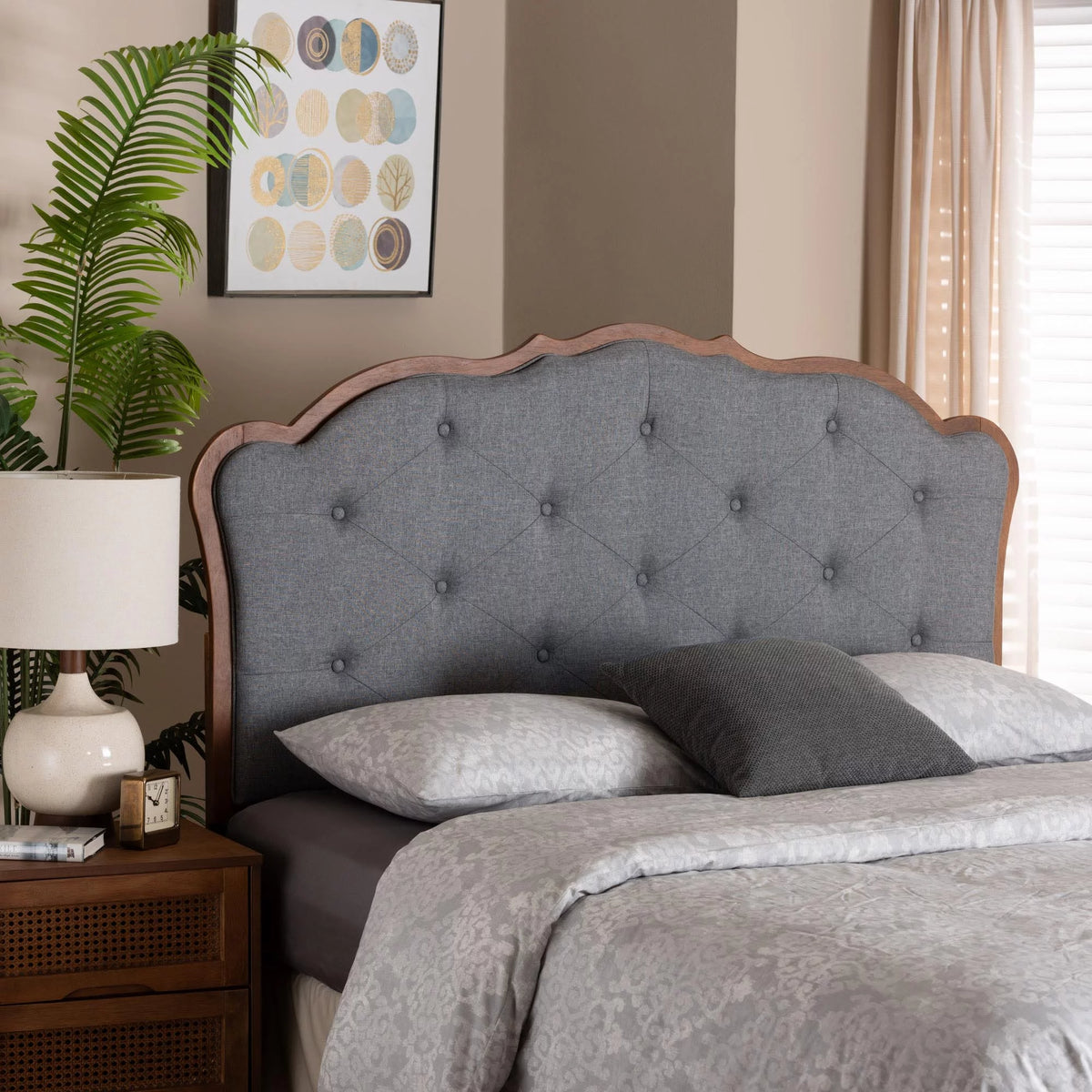 Grey Fabric and Walnut Brown Wood King Size Headboard X17701