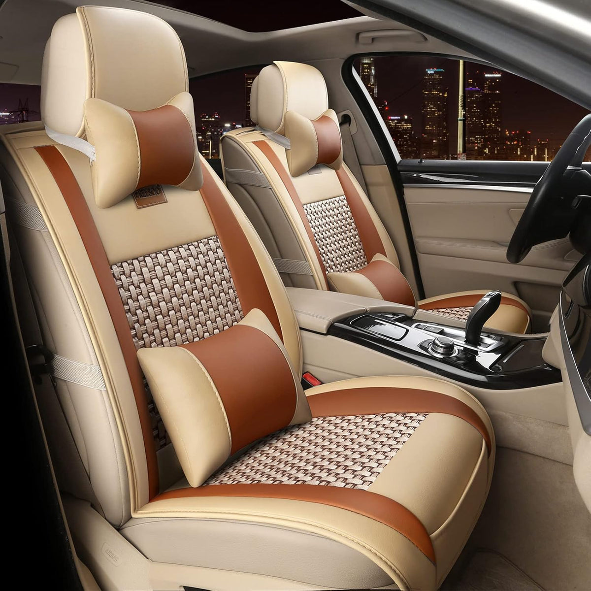 Khaki Black Leather Car Seat Cover Full Set Universal for 5 Seats O67624