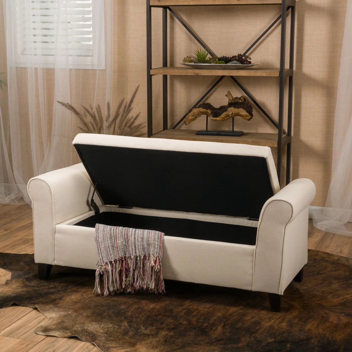 Beige Fabric Upholstered Storage Ottoman Bench J572942
